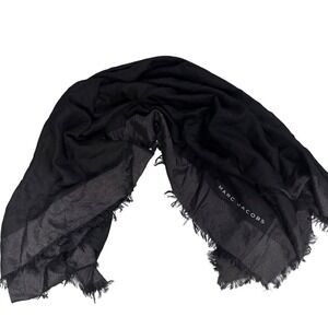 Marc Jacobs Blk Scarf Metallic Silver Border Frayed Edge Lightweight Wrap Shawl